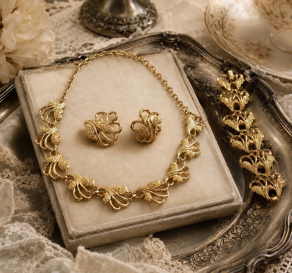 Vintage Sarah Coventry Frosted Gold Tone Feathers Set - Picture 1 of 5